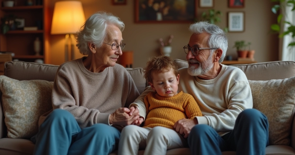 Três gerações de uma família olhando-se nos olhos sentados juntos 