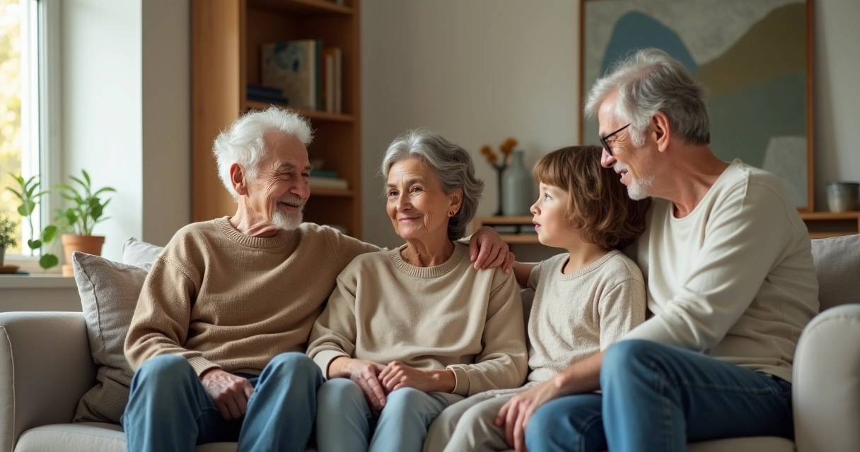 Três gerações de uma família sentadas juntas em um sofá em clima de conversa íntima 