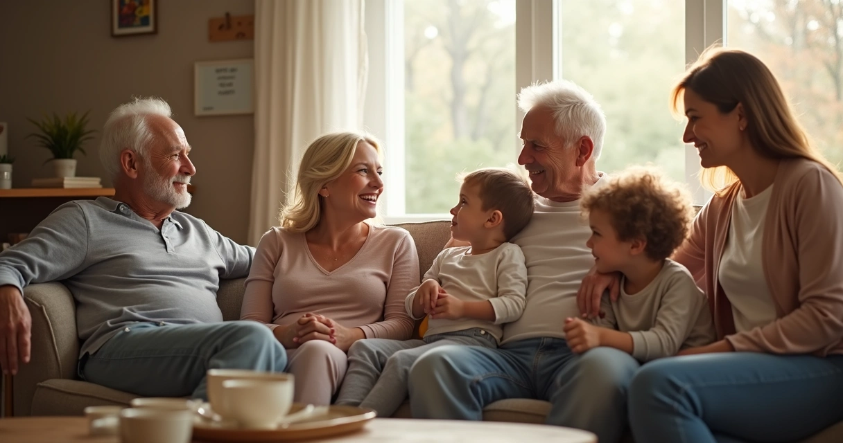 Família de diferentes gerações sentados juntos conversando em sala de estar