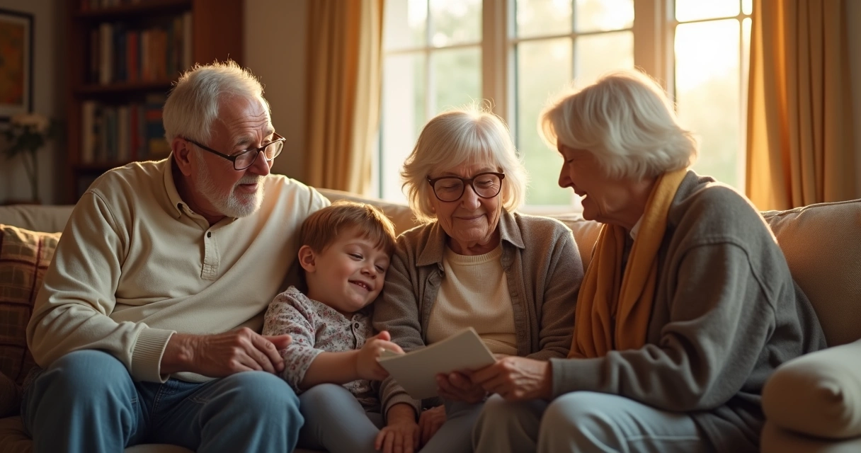 Duas gerações de uma família sentadas juntas conversando em uma sala luminosa