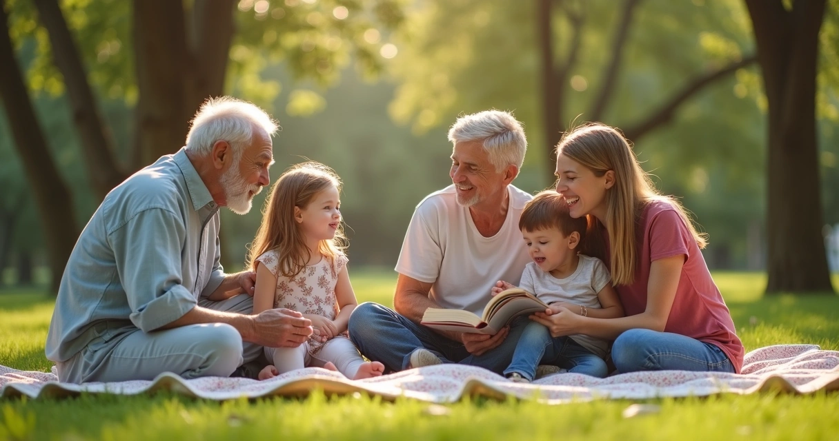 Família com três gerações compartilhando momento ao ar livre