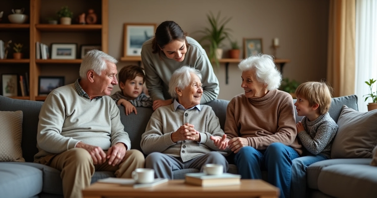 Duas gerações de uma família conversando em uma sala. 