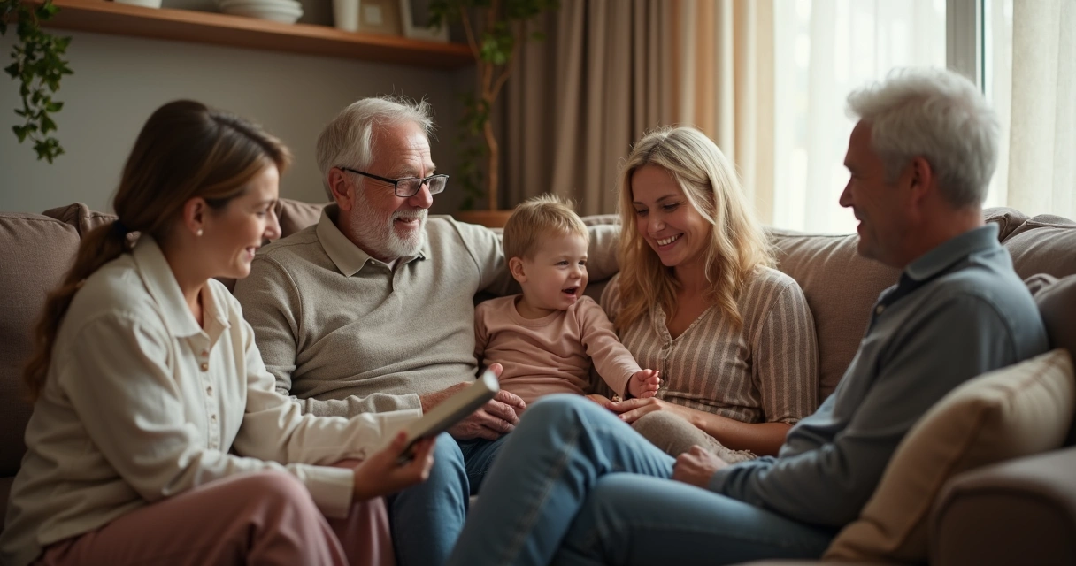 Família de diferentes gerações sentados em círculo, interagindo juntos 