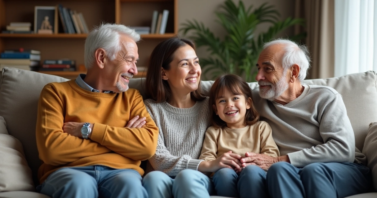 Pessoas de diferentes gerações sentadas juntas em sofá 