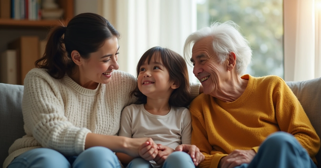 Três gerações de uma família sentadas juntas em um sofá, olhando umas para as outras, representando conexão e transmissão emocional entre gerações. 