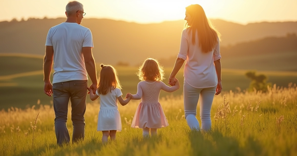 Três gerações de uma família de mãos dadas em um campo ensolarado 