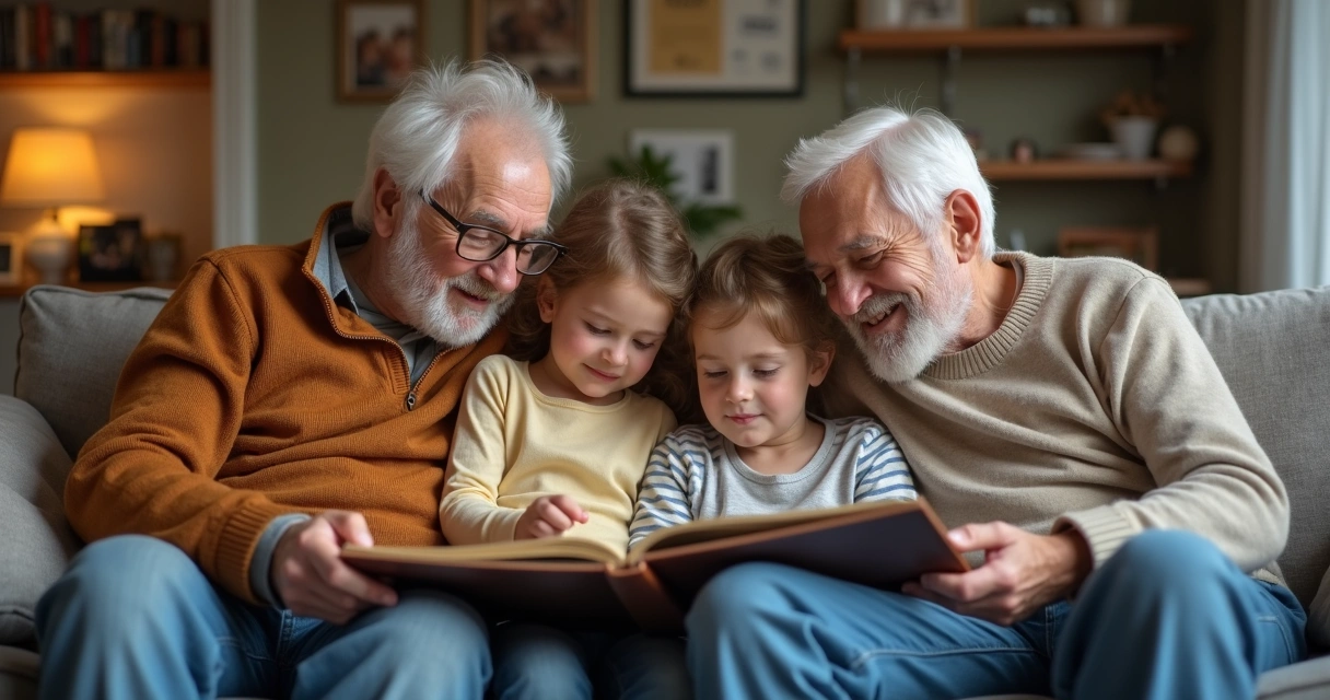Três gerações de uma família sentadas juntas em um sofá 