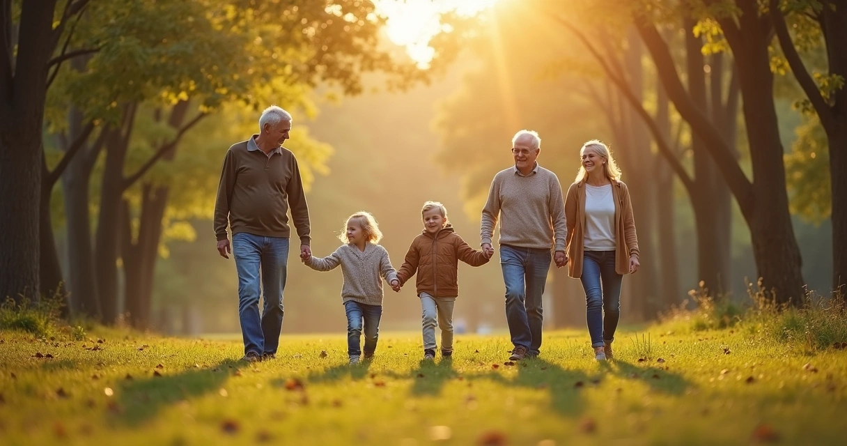 Família de diferentes gerações caminhando de mãos dadas 
