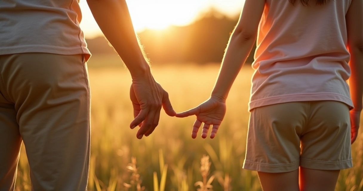 Três gerações de uma família com as mãos entrelaçadas em um campo ao pôr do sol 