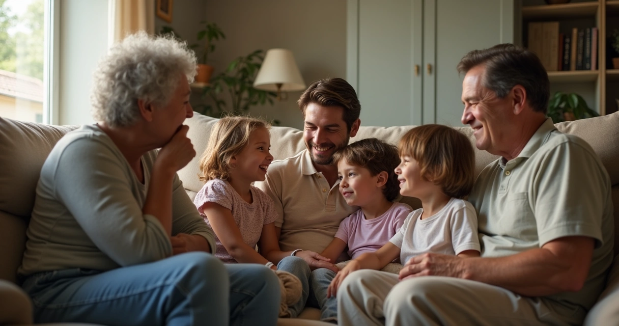 Adultos e crianças sentados juntos em sala de estar, mostrando gerações de uma família 