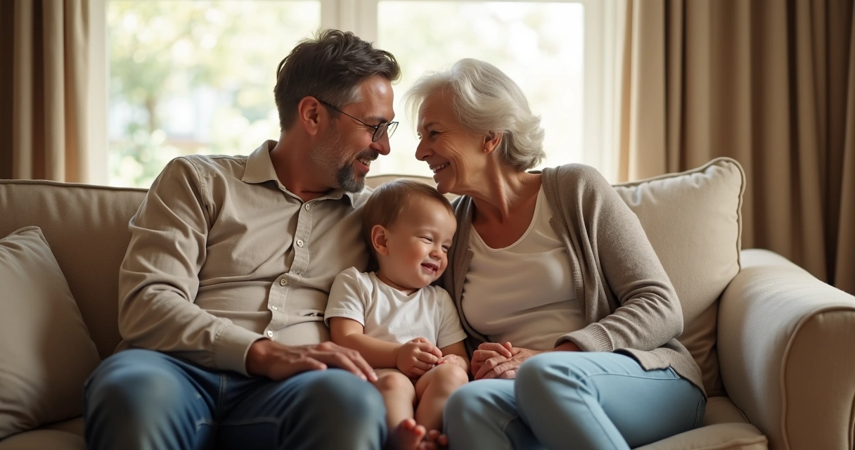 Três gerações de uma família sentadas juntas, mostrando conexão e repetição de padrões familiares.