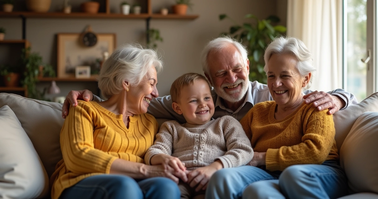 Três gerações de uma família interagindo em uma sala de estar, mostrando conexão entre avós, pais e crianças 