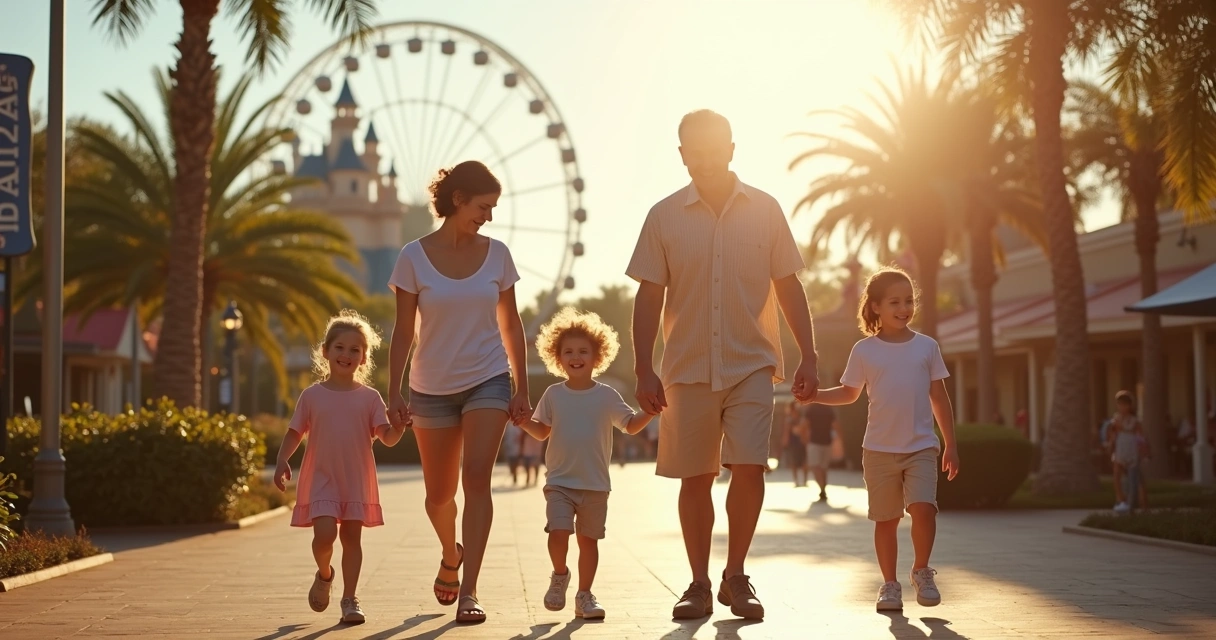 Família de várias gerações caminhando em parque de Orlando 