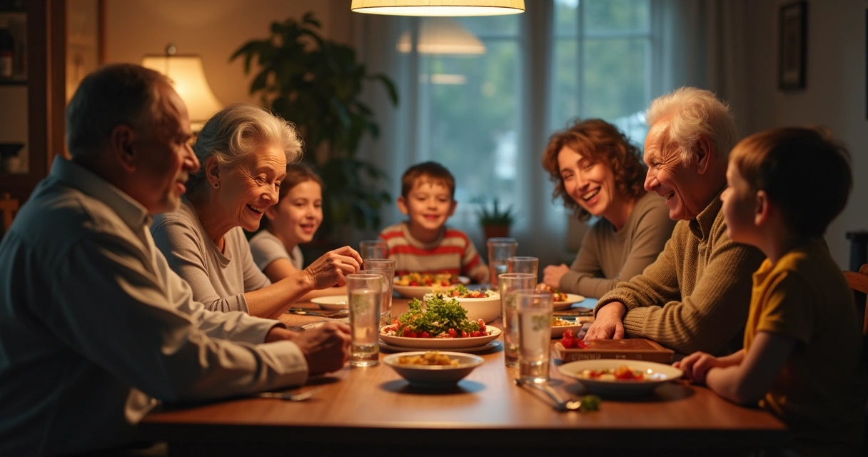 Família reunida de diferentes gerações sentada à mesa 