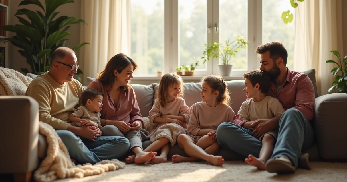 Família de diferentes gerações reunida na sala de estar 