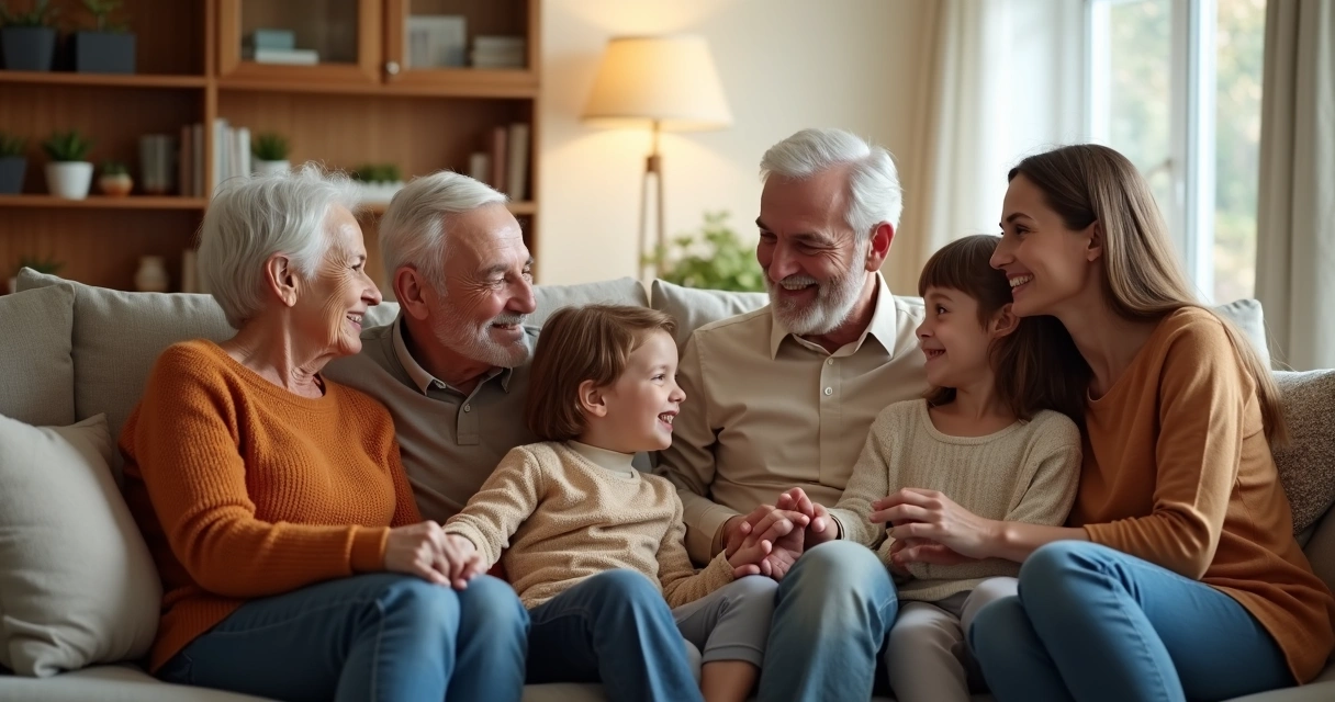 Família de várias gerações sentada em uma sala de estar, interagindo, mostrando conexões entre eles. 