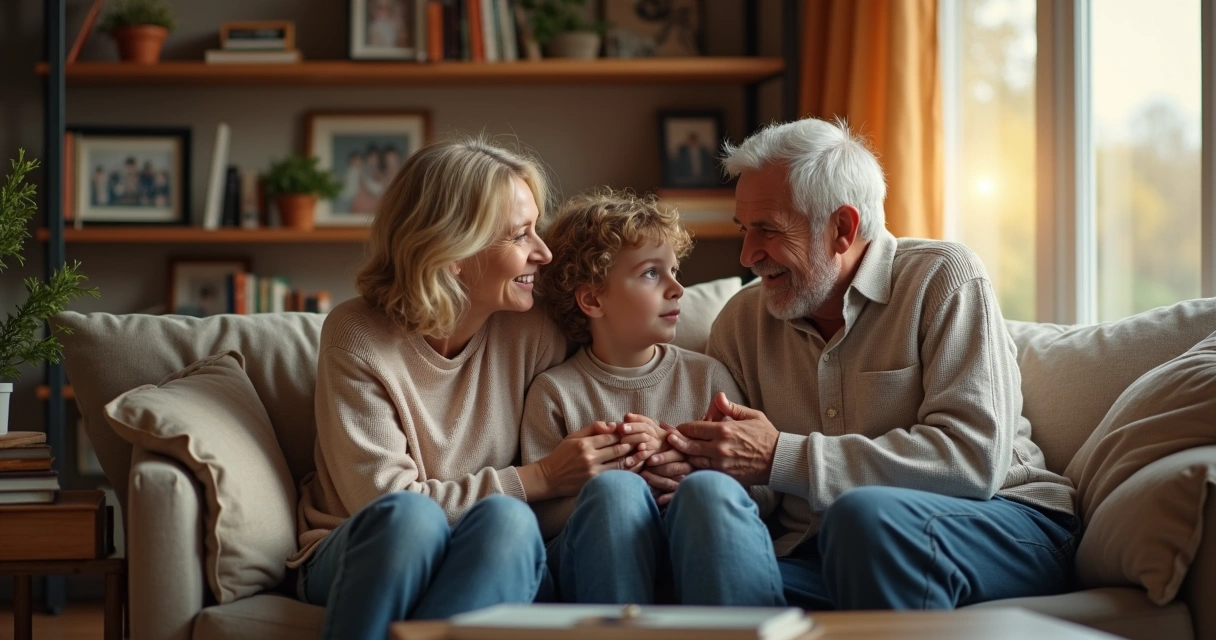 Três gerações de uma família sentadas juntas, trocando olhares, em uma sala de estar aconchegante, mostrando conexão e continuidade geracional 