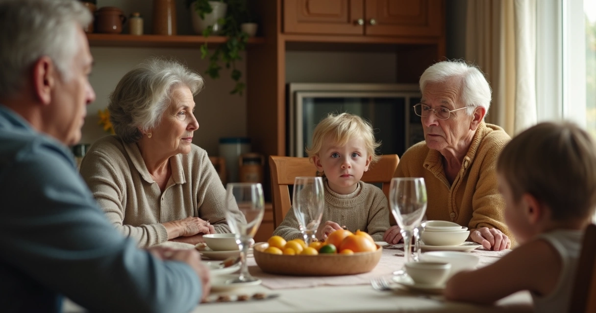 Três gerações sentadas à mesa, em silêncio, olhando para lados opostos, mostrando distância emocional 
