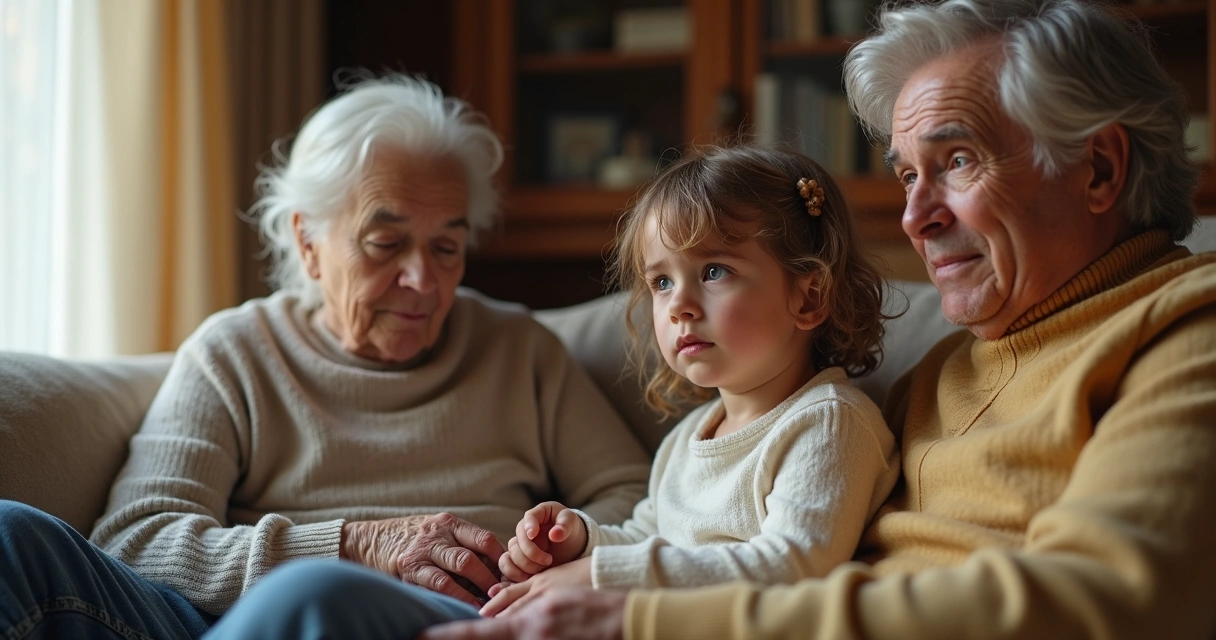 Três gerações de uma família sentadas juntas, mostrando diferenças de expressão e postura. 