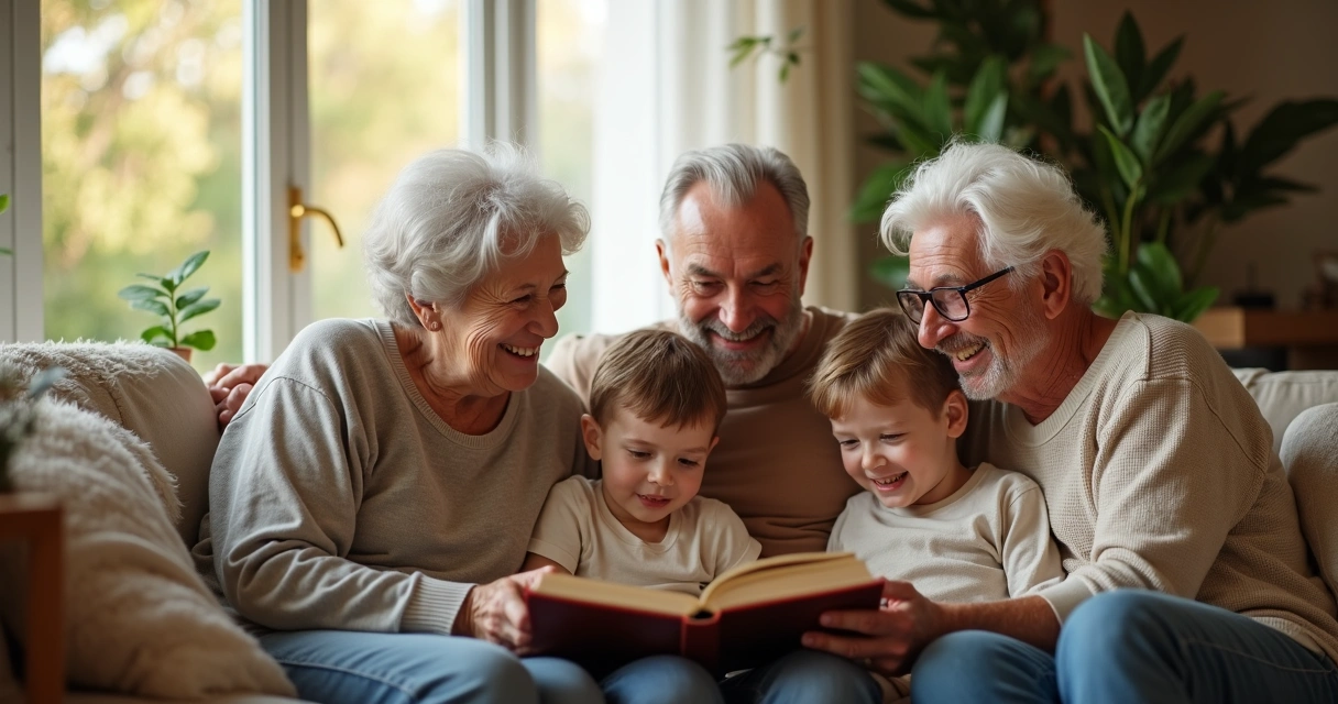 Avós, pais e netos reunidos sorrindo em um ambiente doméstico 