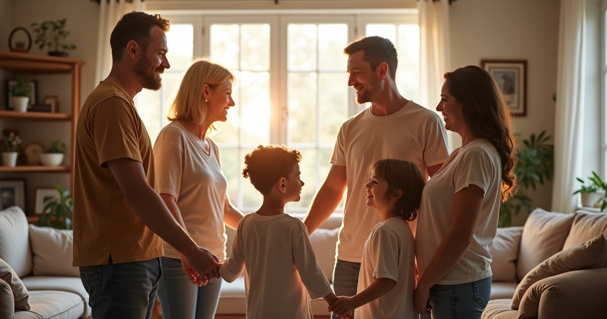 Grupo de diferentes gerações de uma família de mãos dadas em círculo. 