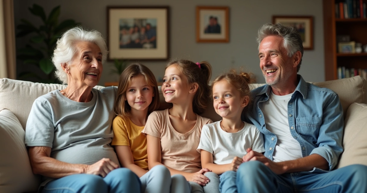 Três gerações de uma família sentadas juntas, demonstrando vínculos e emoções compartilhadas 