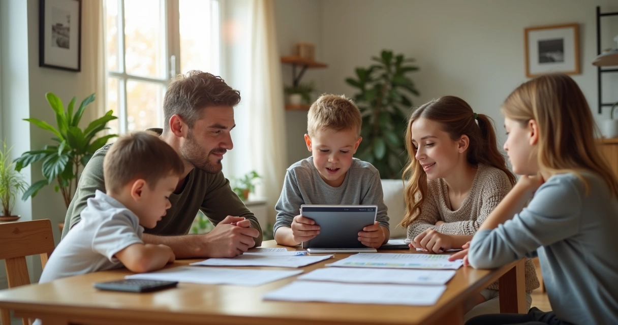 Família discutindo finanças em casa com papéis e dispositivo eletrônico na mesa 