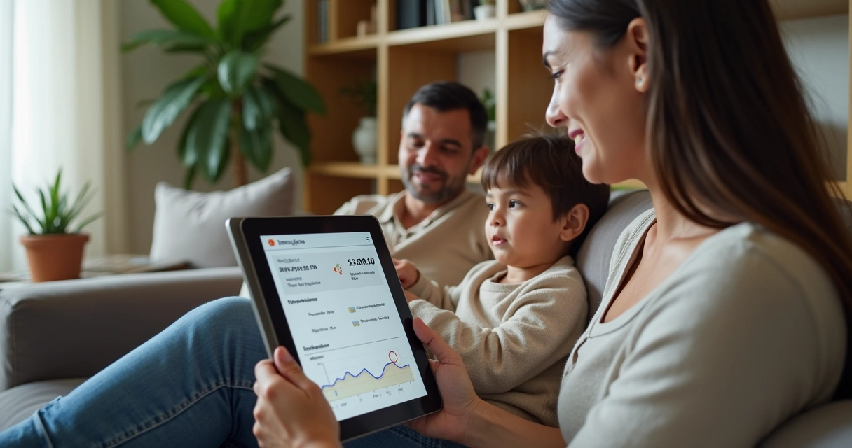 Família analisando informações de aluguel em aplicativo no sofá