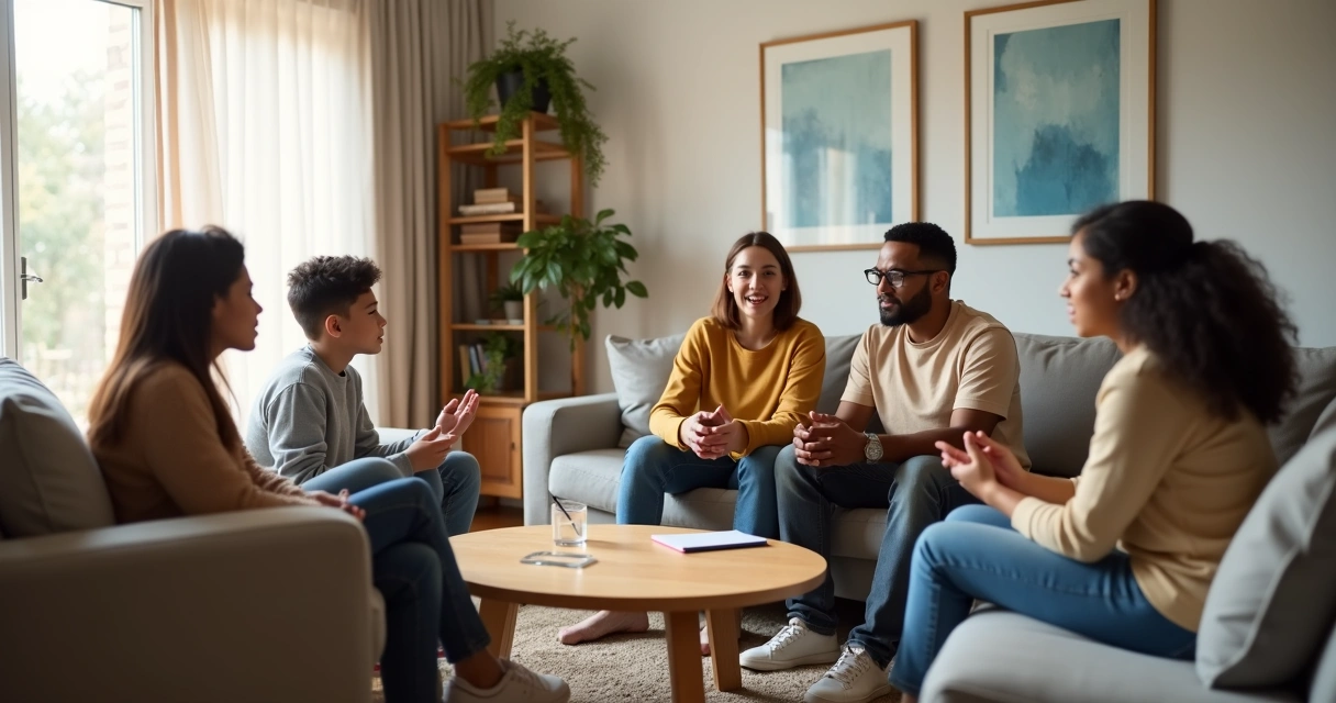 Família sentada em sala de estar conduzindo conversa calma sobre conflitos 