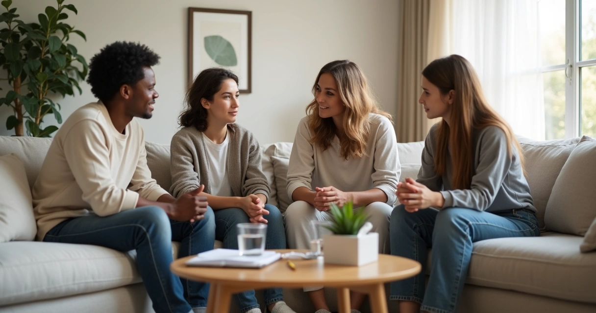 Família sentada na sala de estar conversando com calma e acolhimento 