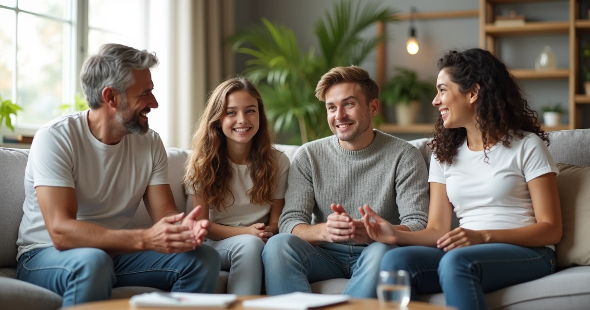 Família sentada no sofá praticando diálogo calmo e gestão emocional 