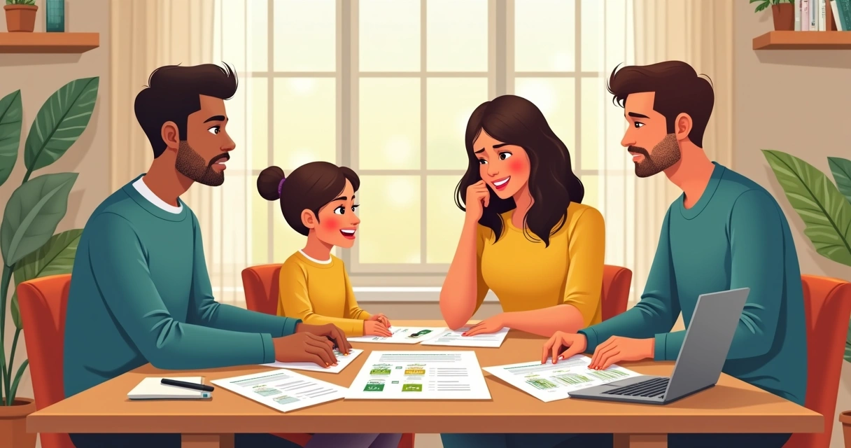 Família planejando futuro em mesa com assessoria 