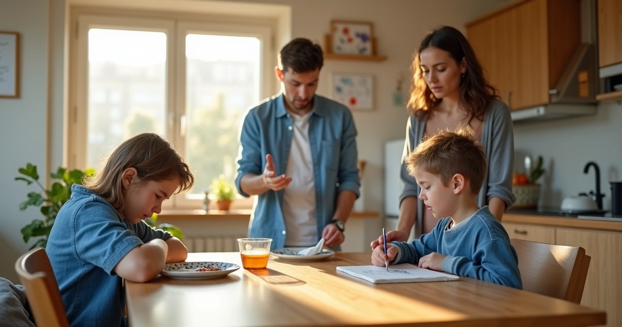 Familia de cuatro personas en la cocina intentando calmar una discusión tensa 