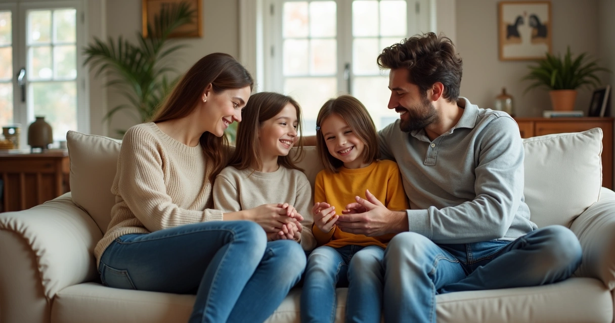 Família sentada no sofá com filhos e pais repetindo gestos parecidos 