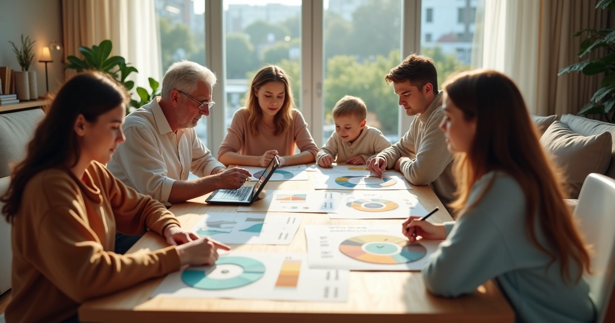 Família reunida em mesa com gráficos coloridos simbolizando valor emocional 