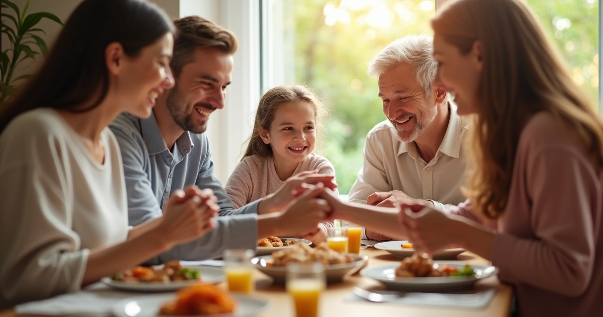 Família reunida sorrindo ao redor da mesa
