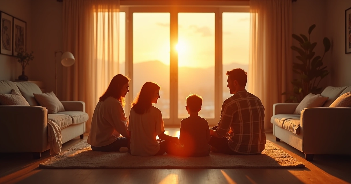 Familia sentada en círculo en la sala al atardecer, compartiendo palabras de gratitud.