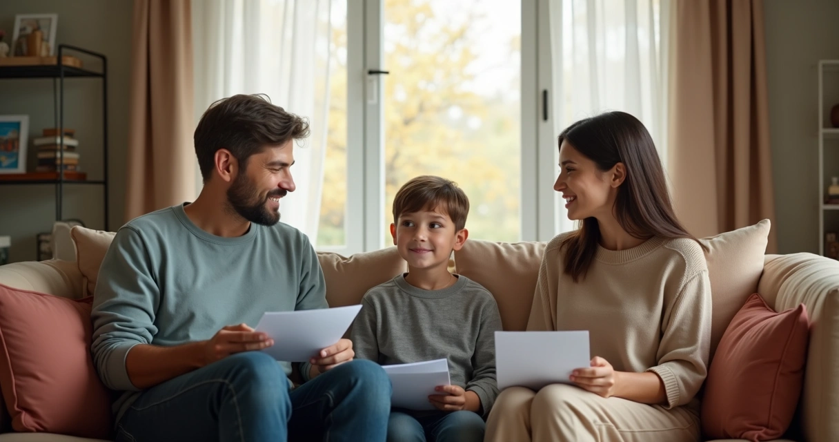 Pais separados conversando com filho adolescente sentados em uma sala, embalados em uma conversa construtiva