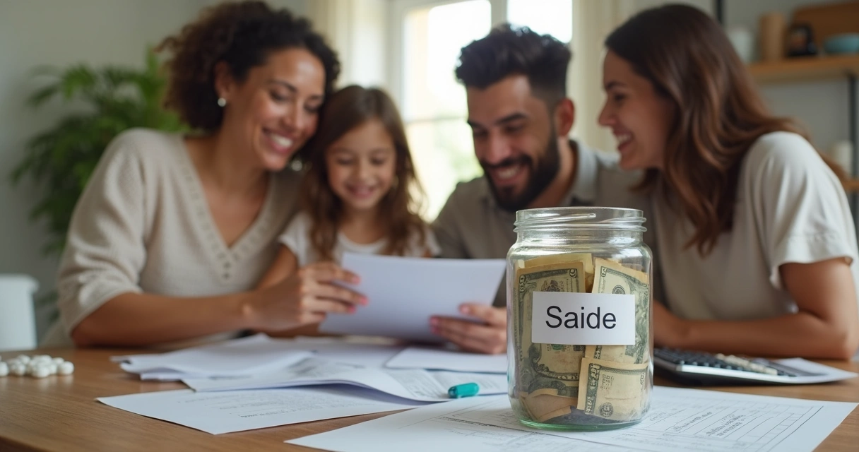 Família junta ao redor de uma mesa, planejando orçamento para saúde