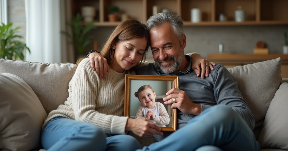 Pais segurando juntos uma foto de criança