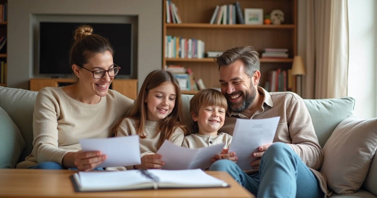 Familia sentada en la sala conversando relajadamente sobre dinero