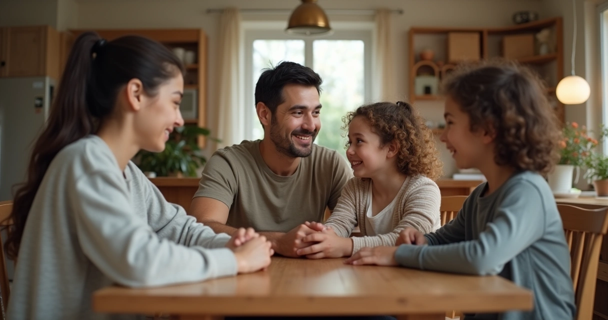 Familia sentada en la mesa, hablando y escuchándose con atención 