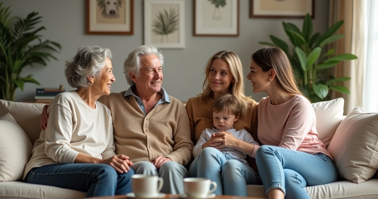 Cuatro personas de diferentes edades hablando sentadas en un sofá claro, ambiente hogareño cálido. 