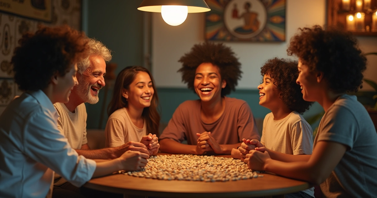 Família sorridente unida em casa com búzios sobre a mesa 