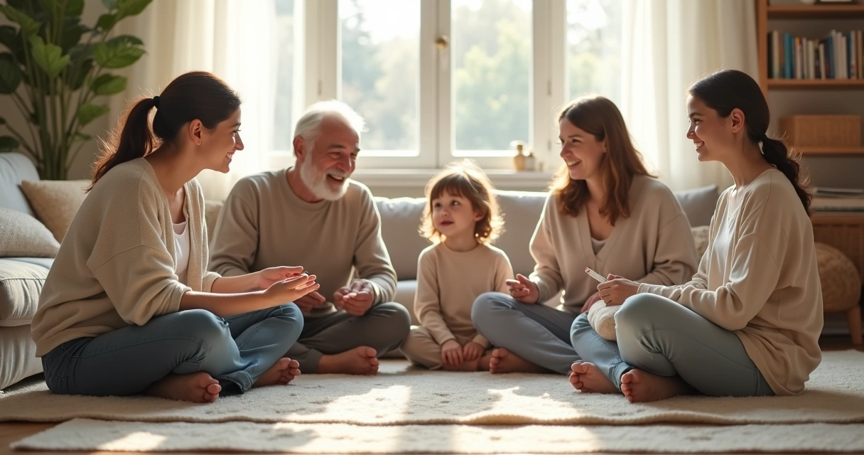Família sentada em círculo na sala de estar em um momento de conversa e conexão serena 