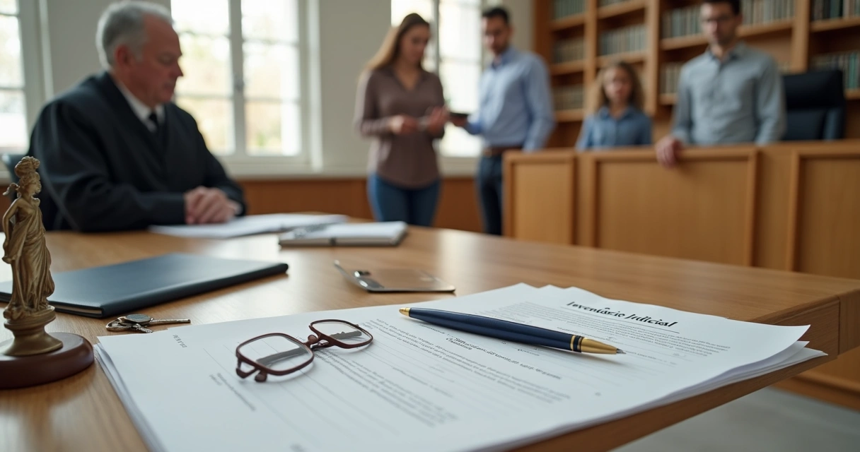 Família observa documentos de herança sobre mesa em ambiente jurídico 