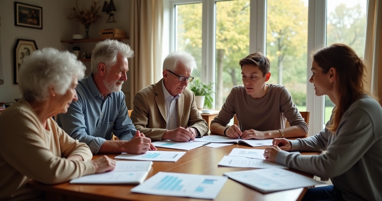 Família reunida analisando documentos de inventário e herança com imóvel ao fundo