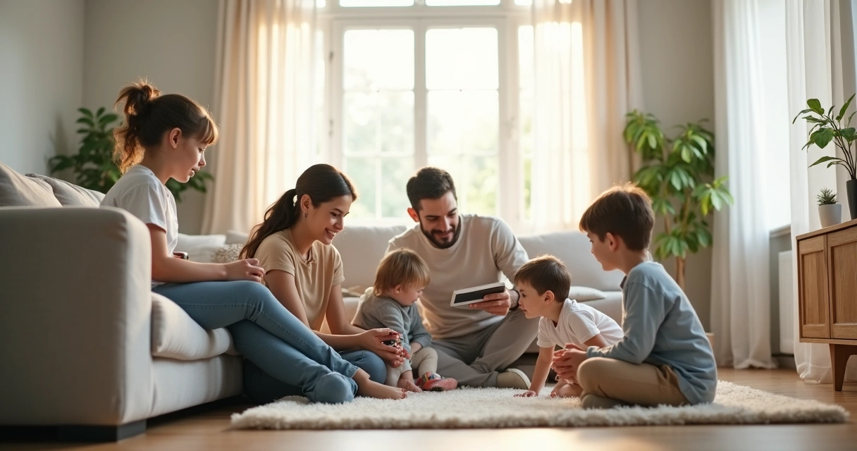 Padres sentados en un sofá con tres hijos de diferentes edades interactuando juntos 