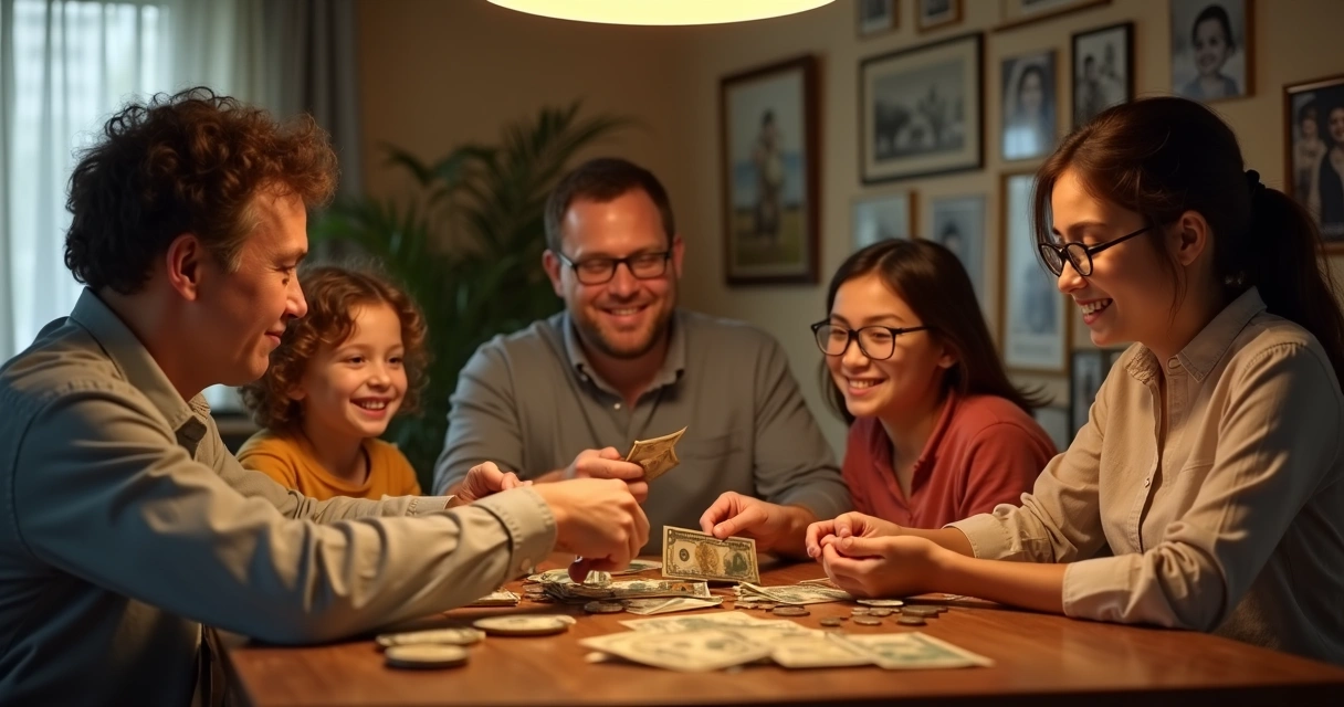 Retrato de família sentada ao redor de uma mesa, contando dinheiro juntos. 