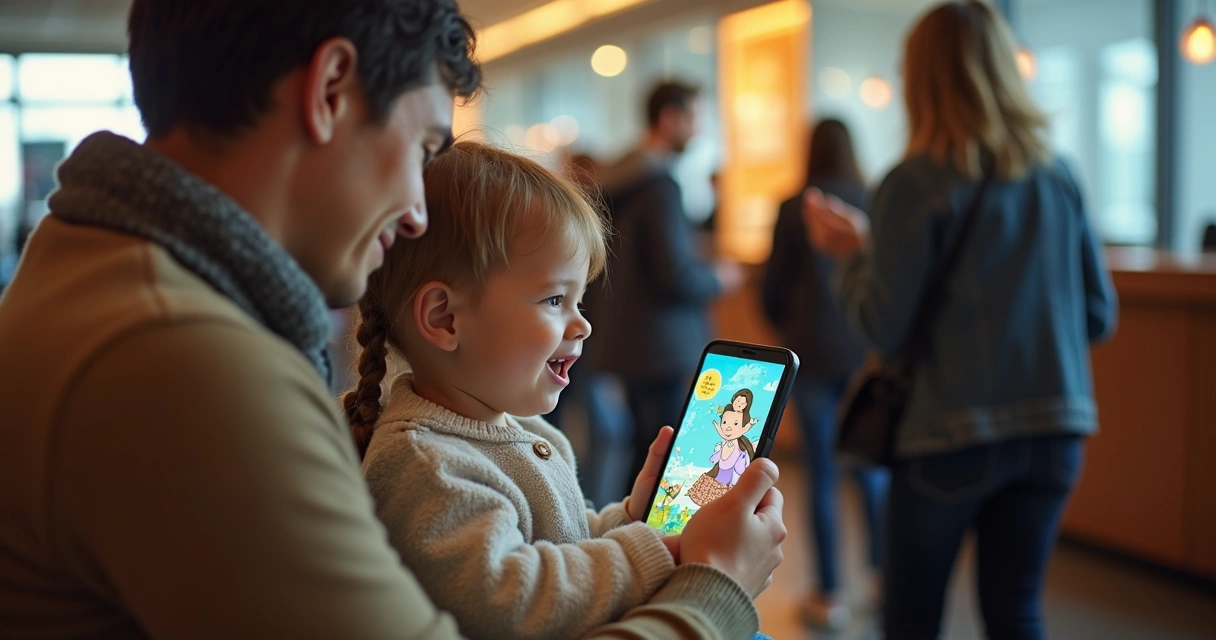 Família com criança lendo juntos em uma fila de espera 